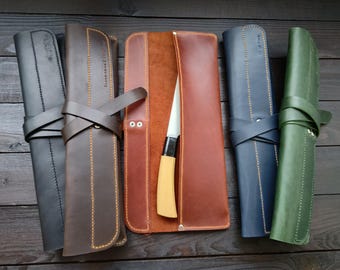 Handmade Leather Knife Case: Durable Crazy Horse Leather, Fits Knives up to 32cm.