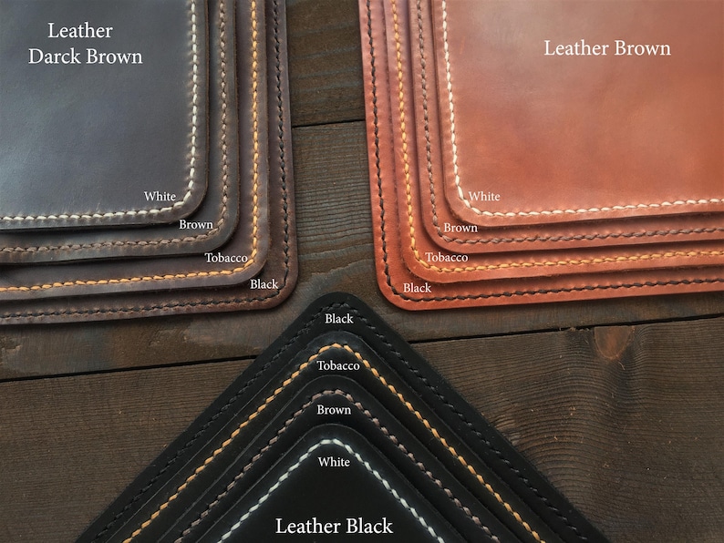 May include: Close-up of leather coasters in various colors: Dark Brown, Brown, Tobacco, and Black. Each coaster has white stitching around the edges. The text "Leather" and color names are visible.