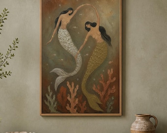 Hand-Painted Mermaid Oil Painting, Moody Coastal Wall Art, Ocean Fantasy Figurative Art