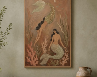 Hand-Painted Mermaid Oil Painting, Vintage Coastal Decor, Earthy Palette (Canvas)