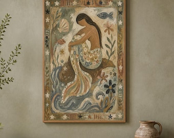 Hand Painted Mermaid Oil Painting, Whimsical Folk Art Coastal Decor