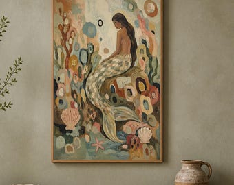 Hand-Painted Mermaid Folk Art, Coastal Wall Art, Whimsical Ocean Canvas