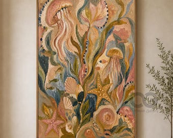 Hand-Painted Jellyfish Starfish Underwater Garden Canvas, Coastal Folk Art Painting