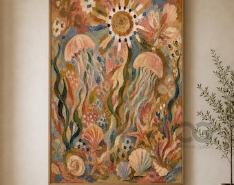 Hand-Painted Jellyfish Garden Wall Art, Earthy Coastal Sea Life Canvas Painting