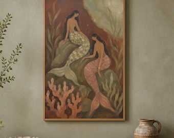 Hand-Painted Mermaid Sisters Oil Painting, Moody Coastal Wall Art