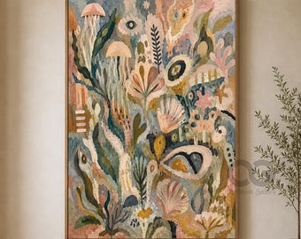 Hand-Painted Abstract Jellyfish Ocean Garden Canvas Art, Coastal Folk Decor