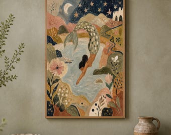 Hand-Painted Mermaid Wall Art, Earthy Palette, Coastal Folk Decor