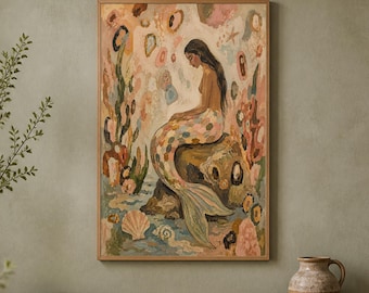 Hand-Painted Mermaid Garden Art, Coastal Folk Painting, Abstract Ocean Decor