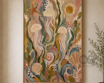 Hand-Painted Abstract Jellyfish Garden, Coastal Boho Sea Life Canvas Art