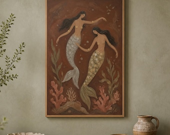 Hand-Painted Two Mermaids Oil Painting: Moody Coastal Folk Art (Canvas)