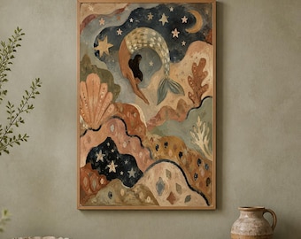 Hand-Painted Celestial Mermaid Canvas, Boho Fantasy Wall Art, Night Sky Landscape