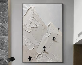 Pintura original de escalada em montanha com neve, textura de pintura de neve branca, arte de parede de escalada, presente personalizado, alpinista em montanha com neve, decoração de arte