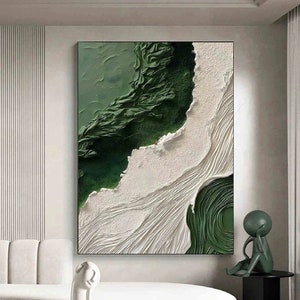 Abstract White Ocean Wave Painting Original Green Beache Painting 3D Textured Canvas Art Large Framed Ocean Wall Art Living Room Wall Decor