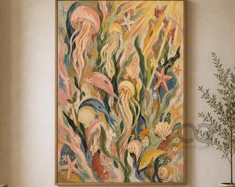 Hand-Painted Jellyfish Underwater Art, Colorful Ocean Canvas Decor