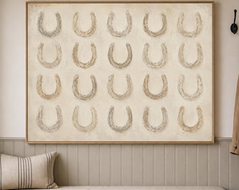 Hand-Painted Lucky Horseshoe Wall Art, Neutral Equestrian Canvas Decor