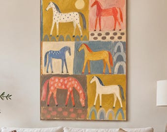 Hand-Painted Folk Art Horse Painting, Colorful Geometric Blocks, Pastel Equestrian Canvas