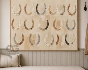Hand-Painted Horseshoe Wall Art, Neutral Western Oil Painting, Modern Ranch Decor