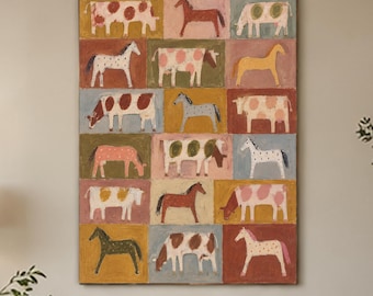 Horse and Cow Painting, Folk Art Animal Wall Art, Hand Painted Farmhouse Canvas