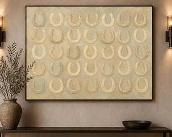 Hand-Painted Neutral Horseshoe Wall Art, Minimalist Equestrian Canvas Painting