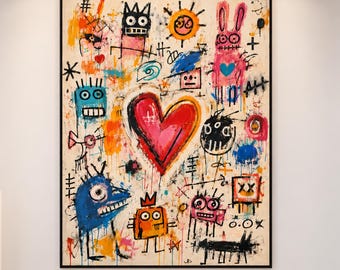 Neo Expressionist Heart Canvas Painting: Basquiat-Inspired Street Art (Hand-Painted)