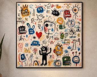Hand-Painted Neo-Expressionist Canvas Art, Basquiat-Inspired Street Art, Abstract Wall Decor