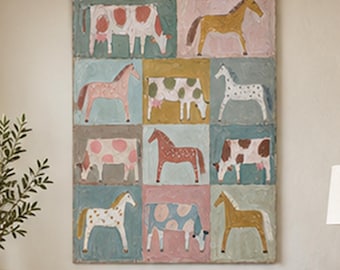 Horse and Cow Painting, Folk Art Animal Wall Art, Hand Painted Farmhouse Canvas, Pastel Ranch Decor