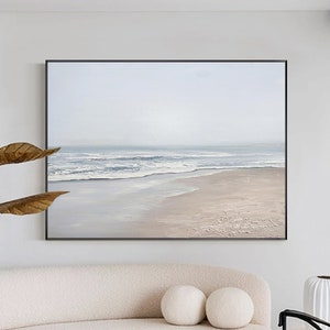 Large White Beach Abstract Painting Impressionist Beach Landscape Painting Acrylic Wave Artwork Framed Beach Wall Art Living Room Wall Decor