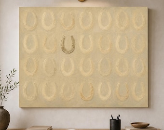 Hand-Painted Neutral Horseshoe Wall Art, Minimalist Western Canvas Painting