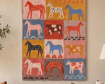 Hand-Painted Folk Art Horse Cow Canvas, Rustic Farmhouse Wall Decor