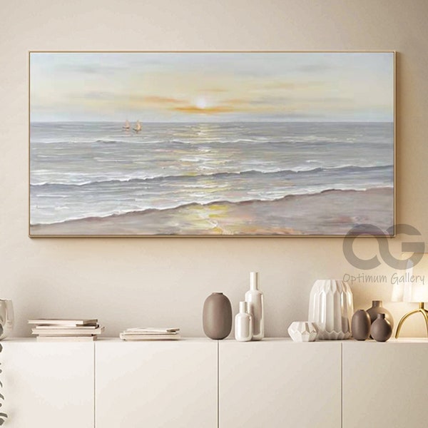Große Ozean-Sonnenuntergang-Malerei auf Leinwand Strukturierte Ozean-Strandlandschafts-Wand-Kunst-Beige Wolke, die abstrakte Meer-Wand-Kunst-Hauptdekor dekorieren