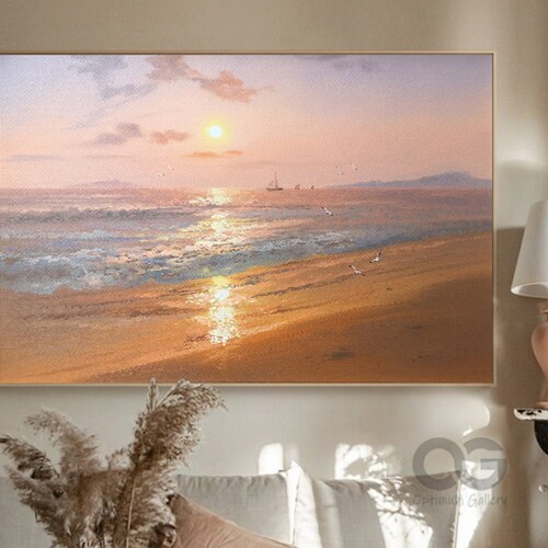 Framed Beach Sunset Painting shops Acrylic Beach Scene Painting On Canvas Large Beach Acrylic Painting Beach Wave Art Brown Sunset Canvas Painting
