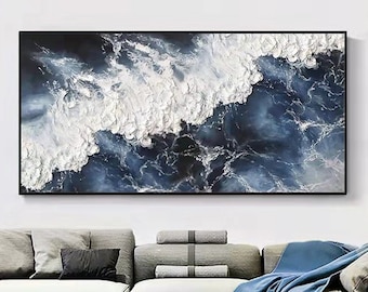 Large Abstract White Wave Painting Sea Canvas Painting Handmade Blue Ocean Landscape Wall Art Textured Beach Painting Living Room Wall Decor