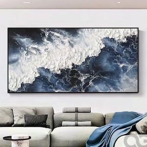 Large Abstract White Wave Painting Sea Canvas Painting Handmade Blue Ocean Landscape Wall Art Textured Beach Painting Living Room Wall Decor