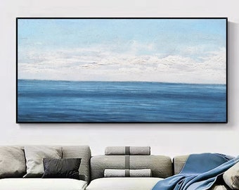 Large Blue Ocean Painting Acrylic Sea And Sky Wall Art Abstract Ocean Painting Oversized Framed Calm Sea Wall Art Ocean Waves Home Decor