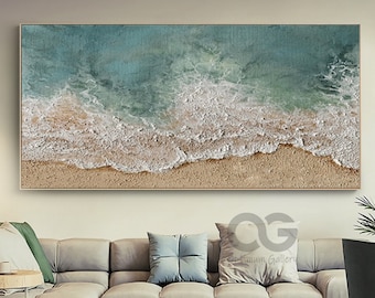 Large 3D Textured Coastal Wall Art Framed Green Beach Painting Sea Acrylic Painting Abstract Ocean Wall Art Beach Canvas Painting Wall Decor