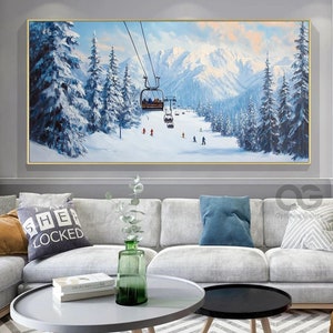 White Ski Canvas Oil Painting Ski Resort Texture Art Blue Sky and Tree Hand Painting Ski Sport Art Living Room Wall Art Cable Car Wall Decor