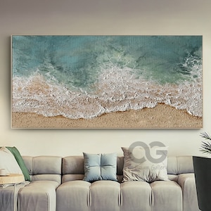 Large 3D Textured Coastal Wall Art Framed Green Beach Painting Sea Acrylic Painting Abstract Ocean Wall Art Beach Canvas Painting Wall Decor
