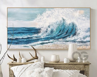 Textured Ocean Wave Wall Art Large Blue Sea Painting Seascape Framed Canvas Wall Are Seaside Panoramic Wall Art Sunset Beach Canvas painting