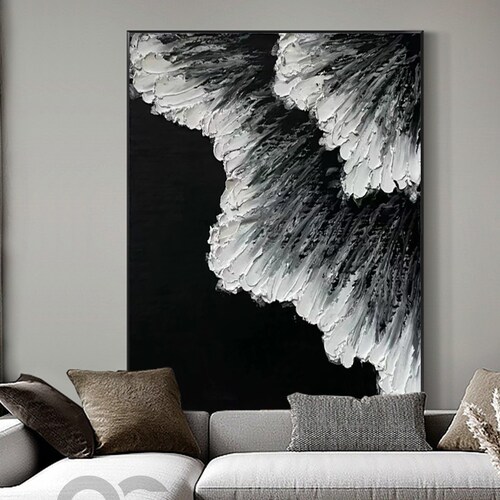 Black and White Ocean Art Black Beach shops Abstract Painting White Wave Art Black&White 3D Textured Art Black Wall Art Modern Pastel Room Decor