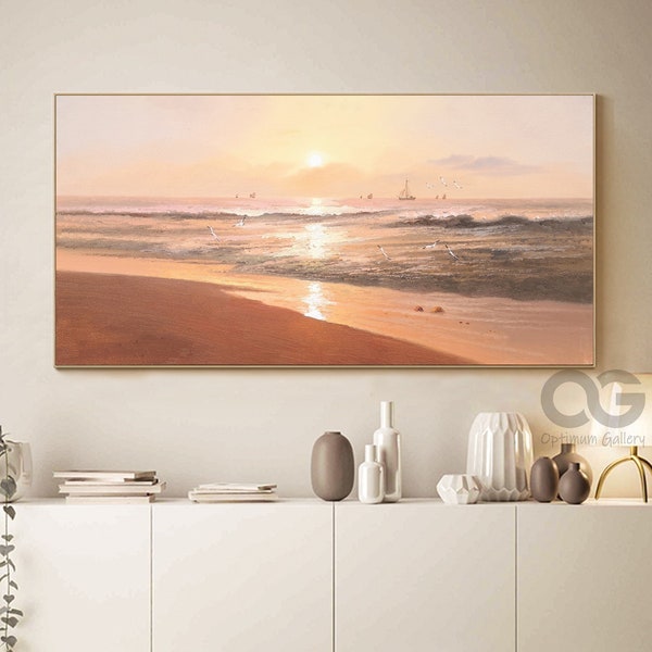 Overszied Abstract Beach Sunset Painting Beach Landscape Acrylic Painting On Canvas Textured Panoramic Ocean Art Wall Decor For Living Room