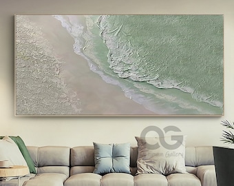 Large Green Coastal Wall Decor Abstract Green Beach Painting Acrylic Framed Ocean Wave Canvas Painting 3D Texture Abstract Beach Canvas Art