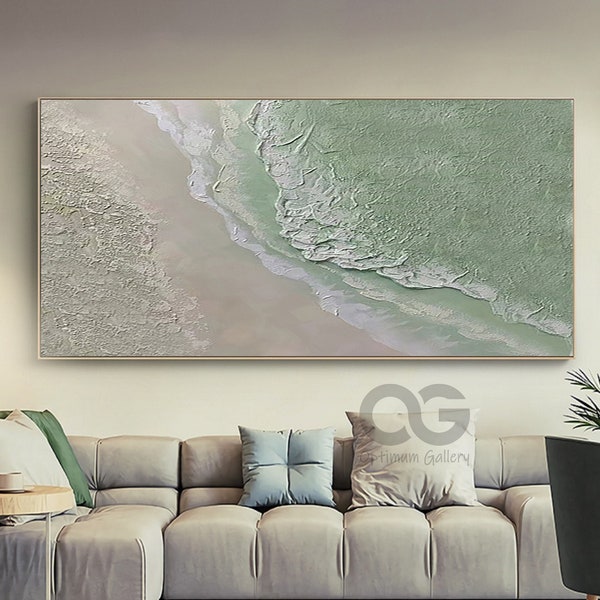 Large Green Coastal Wall Decor Abstract Green Beach Painting Acrylic Framed Ocean Wave Canvas Painting 3D Texture Abstract Beach Canvas Art