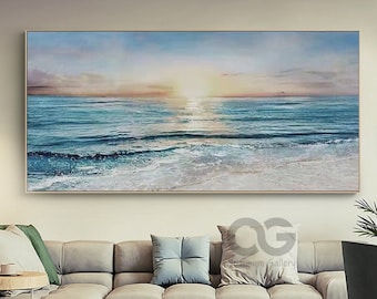 Oversized Abstract Ocean Sunset Canvas Painting Framed Original Bright Ocean Canvas Art Large Contemporary Seascape Wall Art For Living room