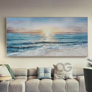 Oversized Abstract Ocean Sunset Canvas Painting Framed Original Bright Ocean Canvas Art Large Contemporary Seascape Wall Art For Living room