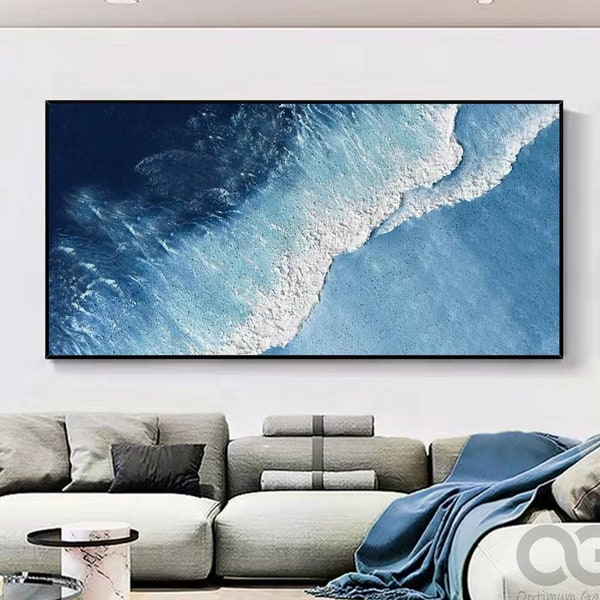 Blue Abstract Ocean Landscape Oil Painting on Canvas Large Original Custom Sea Wave Beach Acrylic Painting Living Room Wall Art Home Decor