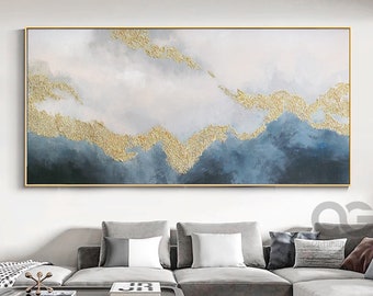 Navy Blue Canvas Painting Framed Textured Abstract Landscape Painting Acrylic Blue And Gold Oversized Wall Art Modern Minimalist Canvas Art