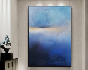 Framed Blue Ocean Painting Acrylic Large Ocean Sunset Abstract Canvas Painting Modern Beach Landscape Canvas Art Living Room Wall Art Decor