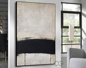 Original Beige and Black Wall Art Large Modern Abstract Painting Abstract White Minimalist Wall Art Textured Canvas Painting For Living Room