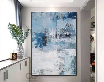 Large Abstract Beach Painting On Canvas Acrylic Blue And White Abstract Canvas Art Extra Large Modern Paintings For Living Room Home Decor