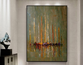 Abstract Sailboat Painting on Canvas Large Original Dark Green Wall Art Framed Textured Sailing Boat Acrylic Painting Modern Wall Art Decor